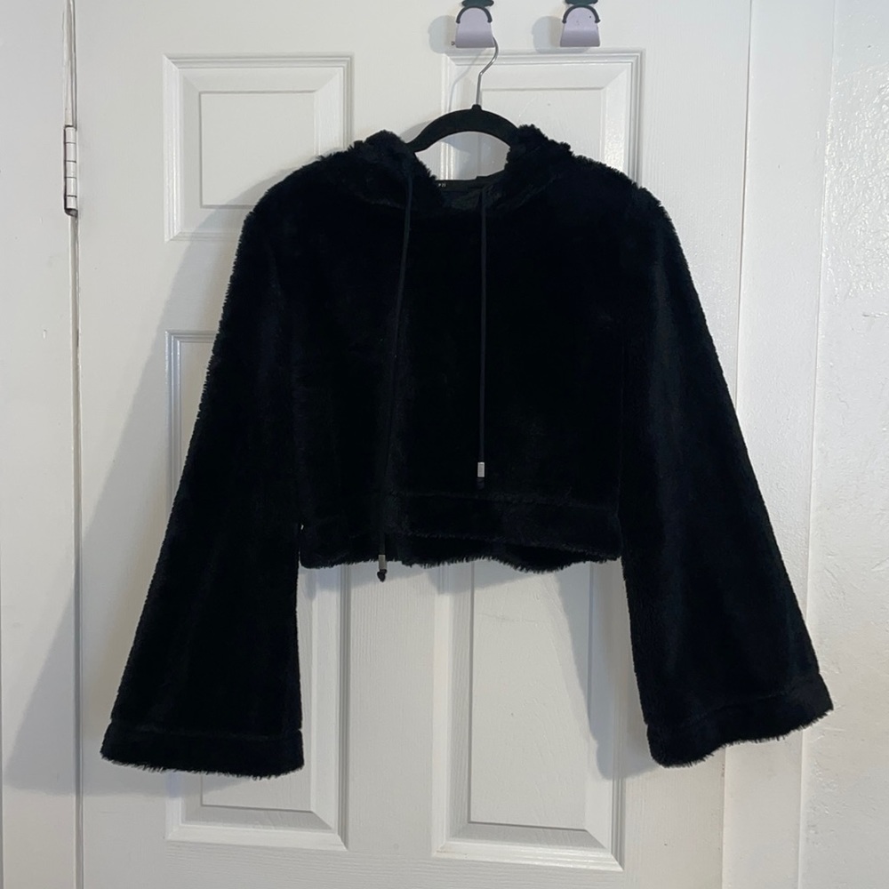Fuzzy black hooded crop sweater